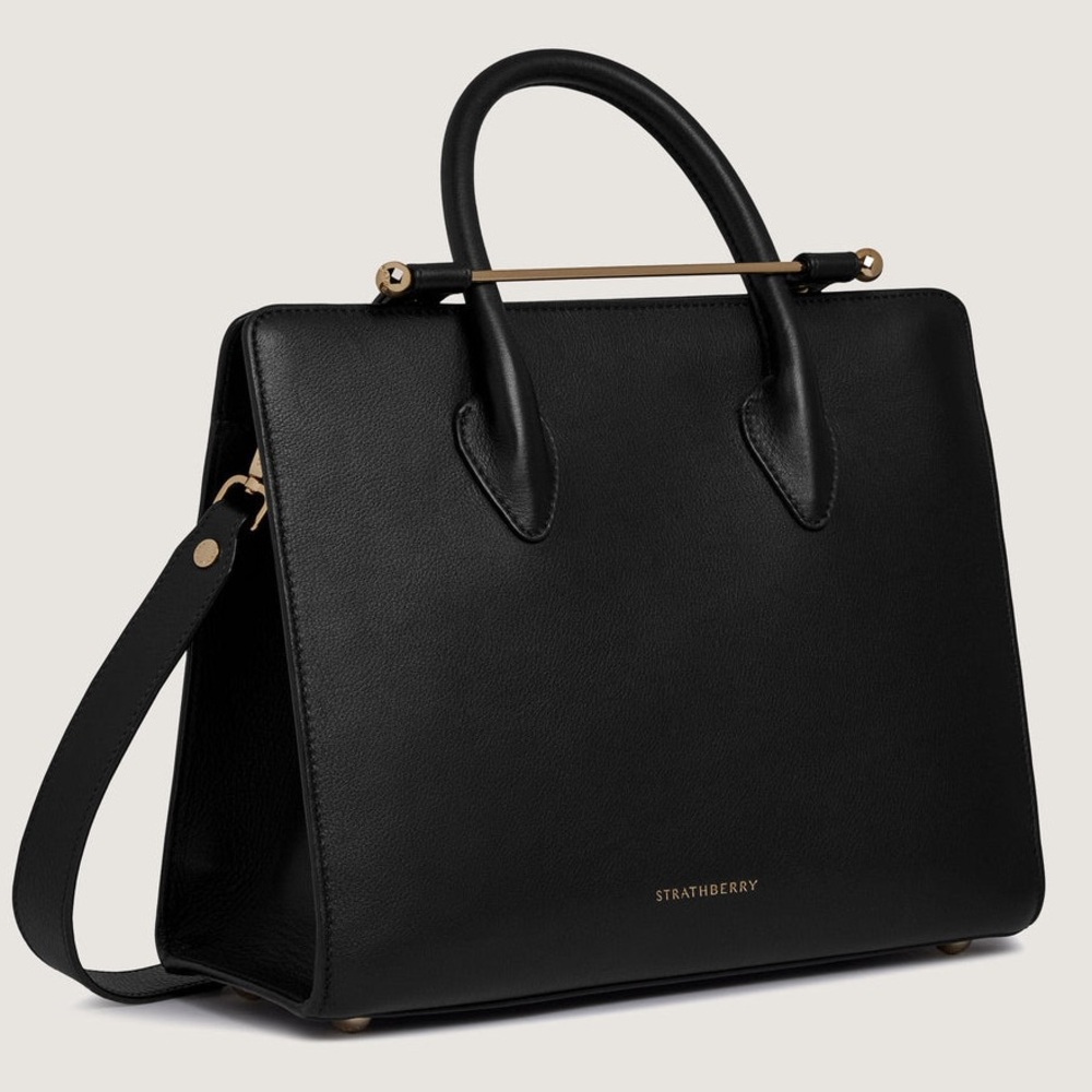 Strathberry Midi Tote - Black, Gold Hardware, 100% Leather